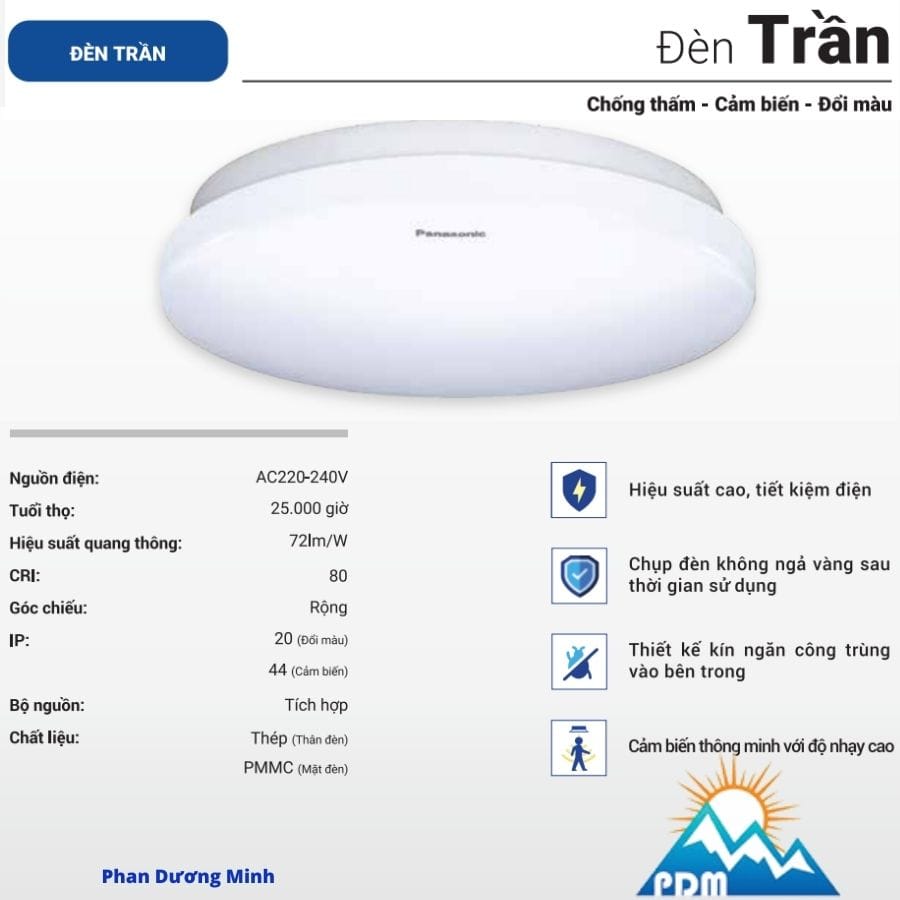 Đèn trần cảm biến chống thấm đổi màu Panasonic Đèn trần cảm biến chống thấm đổi màu Panasonic